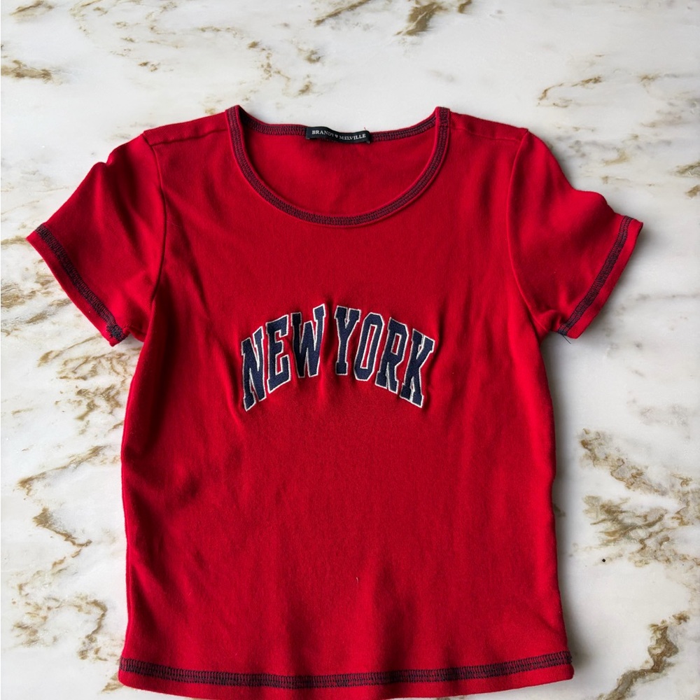 Brandy Melville Red 'New York' Navy-Trim  Baby Tee